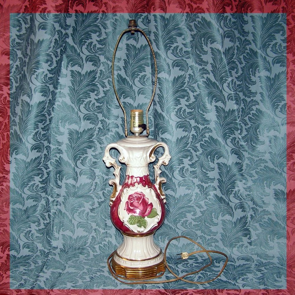 RARE Working Antique 1940s Victorian Style Ceramic Rose Urn LAMP BASE by Ullrich